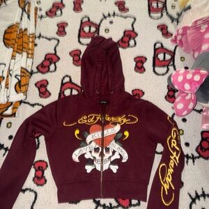 Ed Hardy Burgundy Hoodie with Skull and Banner Croptop